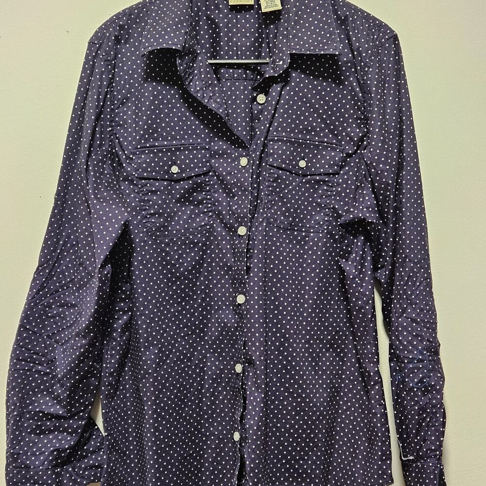 L.L. Bean Navy Blue White Polka Dot Cotton Lycra Button Up Shirt XL Regular